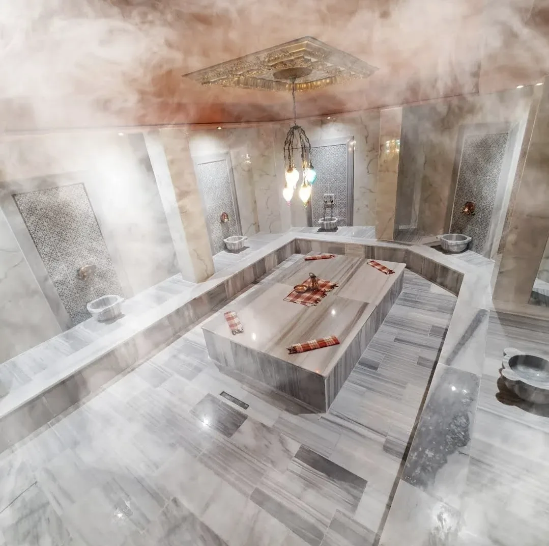 Bright marble hammam room interior at Rumeli Hammam